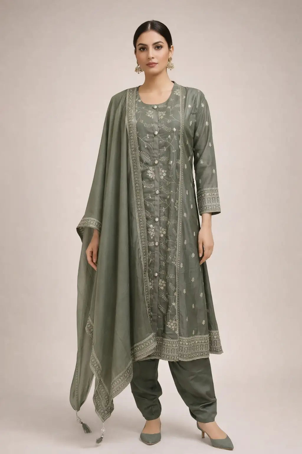 Sage Green Embroidered Kurta Set with Dupatta